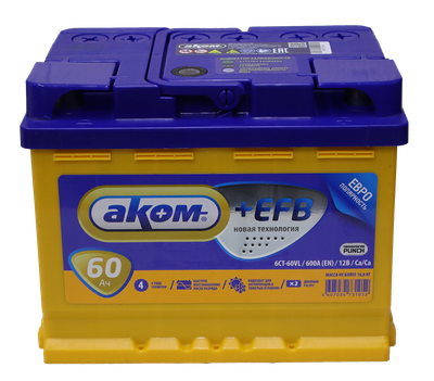 Автомобильный аккумулятор AKOM 6СТ-60 Евро+EFB (60 А/ч)
