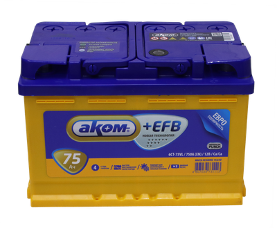 Автомобильный аккумулятор AKOM 6СТ-75 Евро+EFB (75 А/ч)