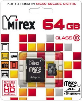 Карта памяти Mirex microSDXC UHS-I (Class 10) 64GB (13613-AD10SD64)