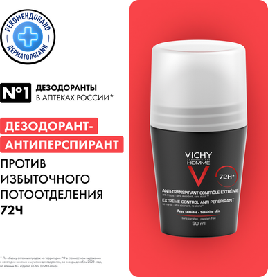 Антиперспирант шариковый Vichy Homme против избыточного потоотделения 72ч (50мл)