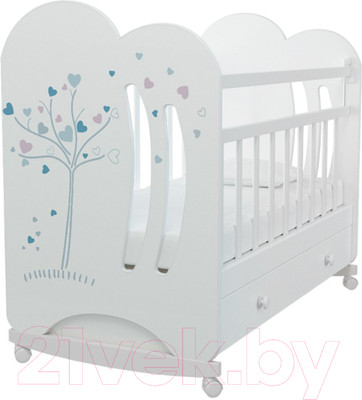 Детская кроватка VDK Wind Tree колесо-качалка с ящиком (белый)