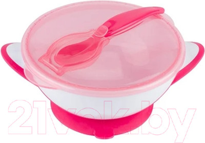 Набор посуды для кормления BabyOno Миска с присоской и ложкой 6м+ / 1063 (розовый)