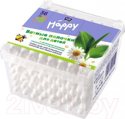 Ватные палочки Bella Baby Happy С экстрактом ромашки подорожника и Д-пантенолом (56+8шт)