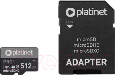 Карта памяти Platinet Pro 3 microSDXC 512GB (Class10) A2 / PMMSDX512UIII (с адаптером)