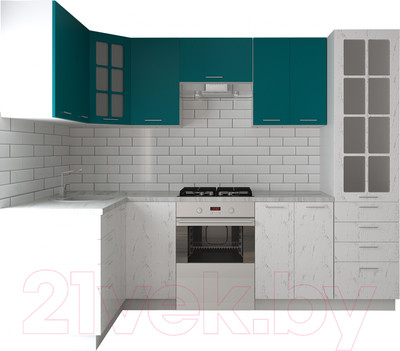 Кухонный гарнитур Артём-Мебель София СН-114 со стеклом МДФ 1.4x2.7 (морская волна/дуб полярный)