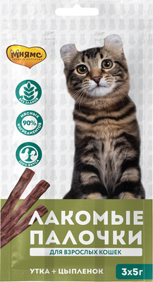 Лакомство для кошек Мнямс Лакомые палочки с цыпленком и уткой / 0055