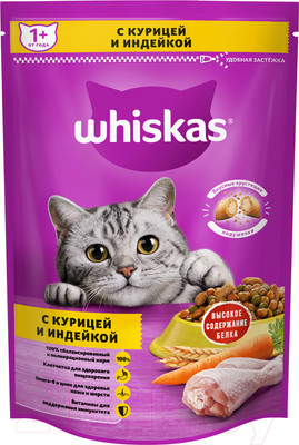 Сухой корм для кошек Whiskas Вкусные подушечки с нежным паштетом с курицей и индейкой (350г)