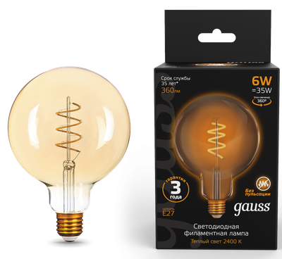 Лампа Gauss Filament G125 6W 360lm 2400К Е27 Golden Flexible / 158802008