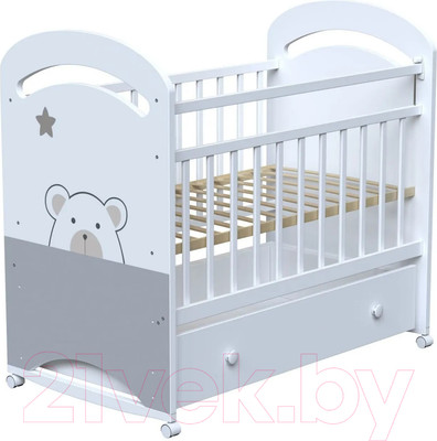 Детская кроватка VDK Birba колесо-качалка и ящик (белый)