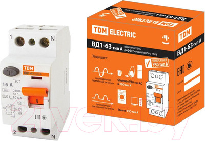 Дифференциальный автомат TDM ВД1-63 2Р 16А 10мА / SQ0203-0092