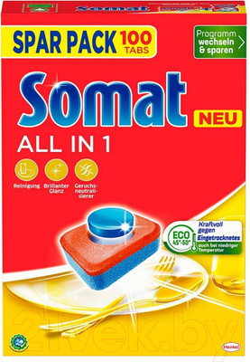 Таблетки для посудомоечных машин Сомат All in One (100шт)