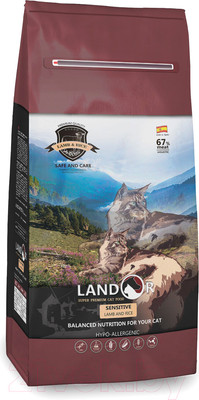 Сухой корм для кошек Landor Полнорационный, с чувств. пищеварением ягненок с рисом / 7843122 (10кг)
