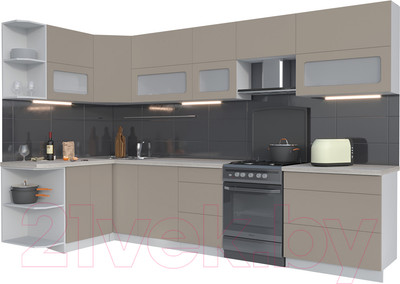 Кухонный гарнитур Интерлиния Мила Матте 1.5x3.3 Б левая (луна/луна/травертин серый)