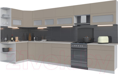 Кухонный гарнитур Интерлиния Мила Матте 1.5x4.0 Б левая (луна/луна/травертин серый)