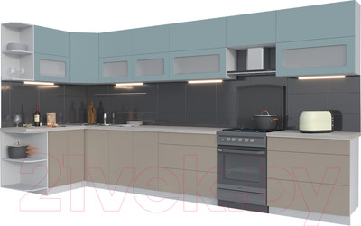 Кухонный гарнитур Интерлиния Мила Матте 1.5x4.0 Б левая (океан/луна/травертин серый)