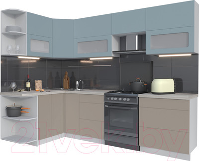 Кухонный гарнитур Интерлиния Мила Матте 1.5x2.7 Б левая (океан/луна/травертин серый)