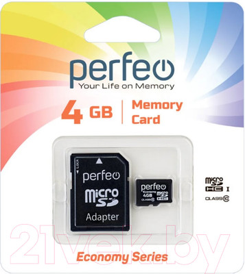 Карта памяти Perfeo MicroSDHC 4GB (Class 10) + адаптер / PF4GMCSH10AES