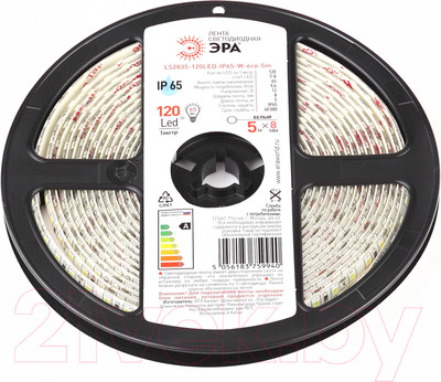 Светодиодная лента ЭРА LS2835-9.6-120-12-6500K-IP65-1 year-5m / Б0035599