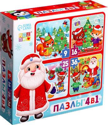 Набор пазлов Puzzle Time Новый год у зверят 4 в 1 / 6536584