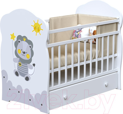 Детская кроватка VDK Happy Lion маятник-ящик (белый)