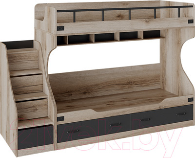 Двухъярусная кровать детская ТриЯ Окланд СМ-324.11.001 с приставной лестницей (черный/дуб делано)