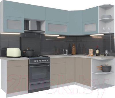 Кухонный гарнитур Интерлиния Мила Матте 1.5x2.5 Б правая (океан/луна/травертин серый)