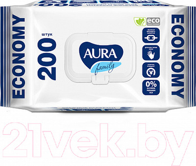 Влажные салфетки Aura Family для всей семьи с крышкой (200шт)
