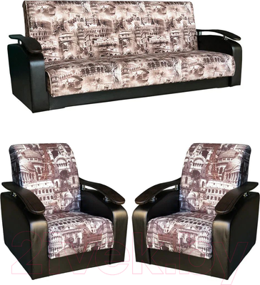Комплект мягкой мебели Асмана Антуан (подлокотники кожзам коричневый/архитектура шоколад)