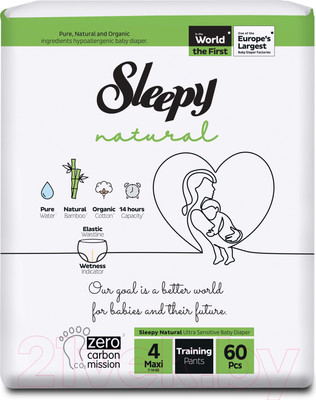 Подгузники-трусики детские Sleepy Natural 2Х Jumbo Pack Maxi (60шт)