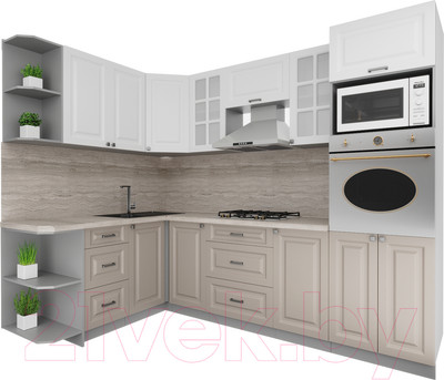 Кухонный гарнитур Интерлиния Мила Деко 1.68x2.6 левая (белый/луна/травертин серый)