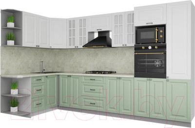 Кухонный гарнитур Интерлиния Мила Деко 1.68x3.4 левая (белый/мята/опал светлый)