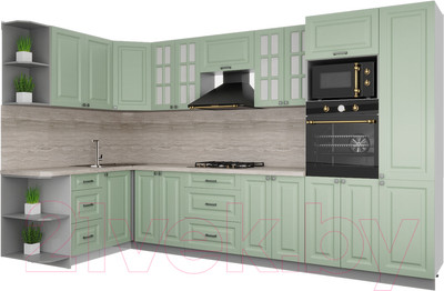 Кухонный гарнитур Интерлиния Мила Деко 1.68x3.4 левая (мята/мята/травертин серый)