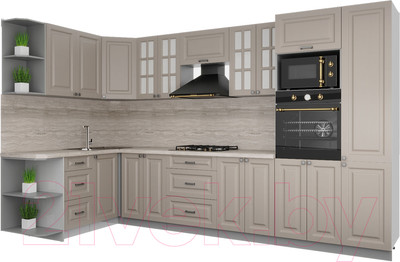 Кухонный гарнитур Интерлиния Мила Деко 1.68x3.4 левая (луна/луна/травертин серый)