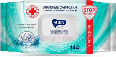Влажные салфетки Aura Family для всей семьи с антибактериальным эффектом (144шт)