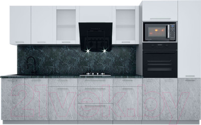 Кухонный гарнитур Интерлиния Мила Пластик 3.4 (мрамор/белый глянец/кастилло темный)