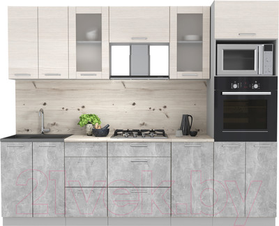 Кухонный гарнитур Interline Мила 2.6 ВТ (вудлайн кремовый/бетон/бискайская сосна)