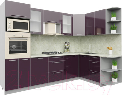 Кухонный гарнитур Интерлиния Мила Пластик 1.68x2.8 правая (слива/слива глянец/опал светлый)