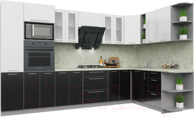 Кухонный гарнитур Интерлиния Мила Пластик 1.88x3.4 правая (черный/белый глянец/опал светлый)