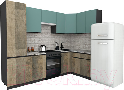 Кухонный гарнитур ВерсоМебель Эко-7 1.4x2.6 правая (сумеречный голубой/дуб гранж песочный/ст.альберика)