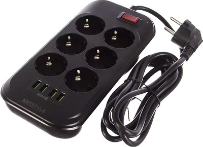 Сетевой фильтр ArtStyle CL-6403B (черный, умная зарядка, 220V, 2200W, 6 розетки, 4 usb-портов)