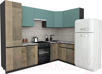 Кухонный гарнитур ВерсоМебель Эко-8 1.4x2.7 правая (сумеречный голубой/дуб гранж песочный/ст.альберика)