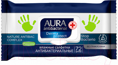 Влажные салфетки Aura Derma Protect Антибактериальные Ромашка (72шт)