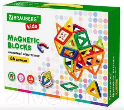 Конструктор магнитный Brauberg Kids Magnetic Big Blocks-64 / 663847