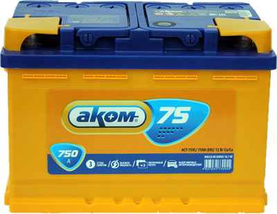 Автомобильный аккумулятор AKOM 6СТ-75 Рус L+ 750A (75 А/ч)