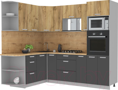 Кухонный гарнитур Интерлиния Мила Лайт 1.68x2.4 левая (дуб золотой/антрацит/дуб бунратти)