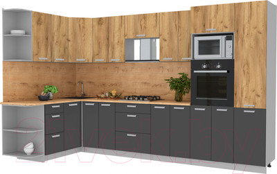 Кухонный гарнитур Интерлиния Мила Лайт 1.68x3.4 левая (дуб золотой/антрацит/дуб бунратти)