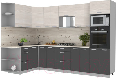 Кухонный гарнитур Интерлиния Мила Лайт 1.68x3.0 левая (вудлайн кремовый/антрацит/бискайская сосна)