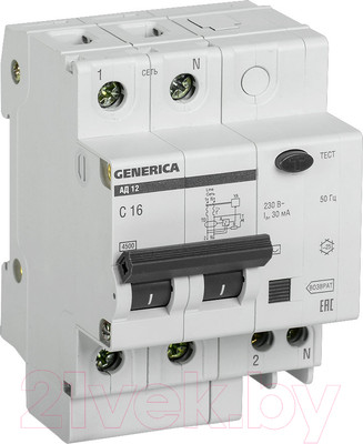 Дифференциальный автомат Generica АД12 2Р 16А 30мА / MAD15-2-016-C-030