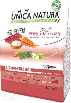 Сухой корм для собак Unica Natura Mini олень, рис, морковь (800г)