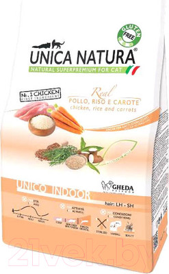 Сухой корм для кошек Unica Natura Indoor курица, рис, морковь (350г)